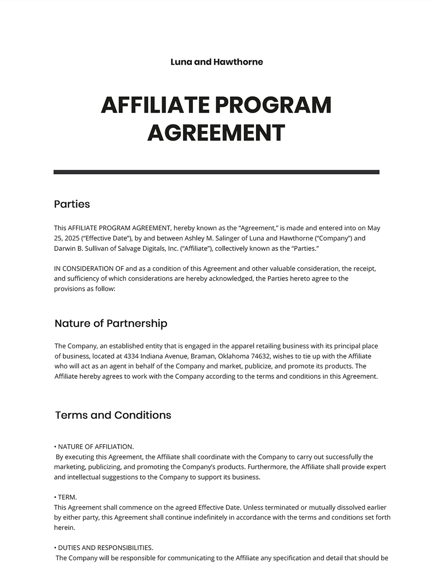 Affiliate Program Agreement Template Google Docs, Word, Apple Pages