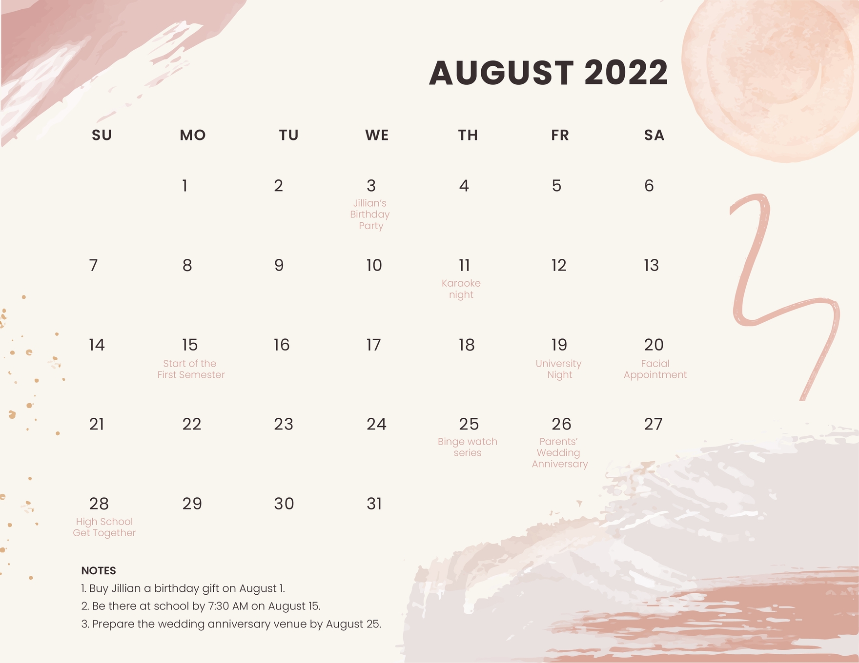 Watercolor August 2022 Calendar