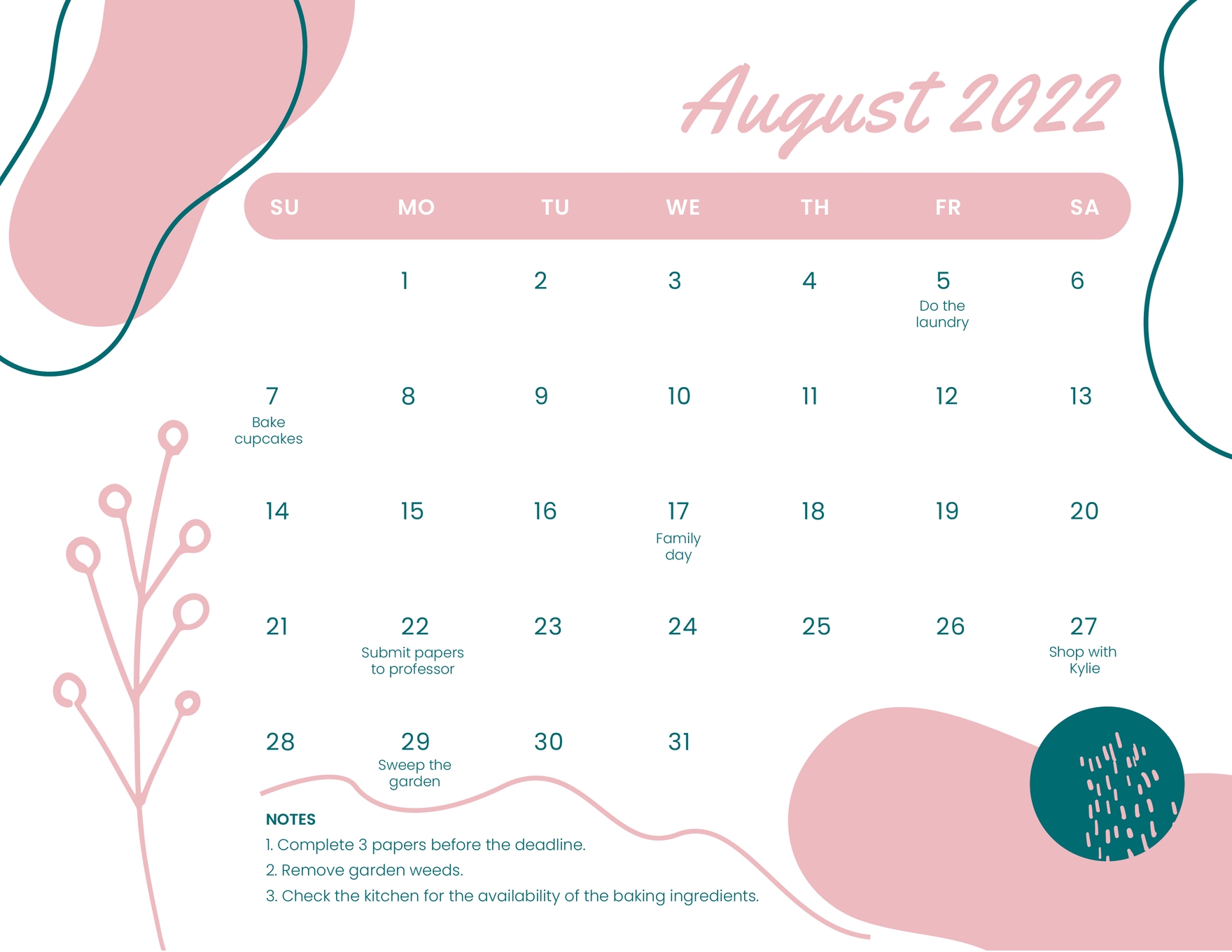Pink November 2022 Calendar Illustrator Word PSD Template