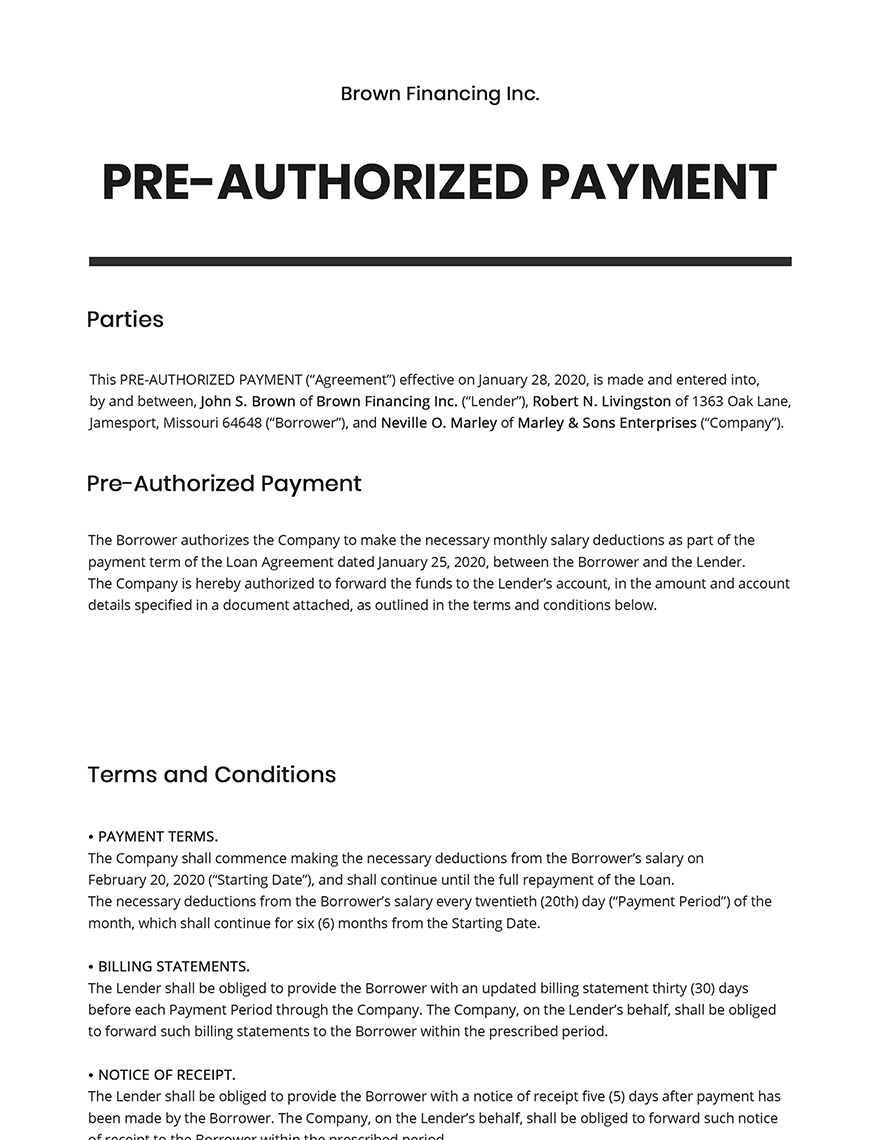 Pre Authorized Payment Template Google Docs Word Apple Pages 