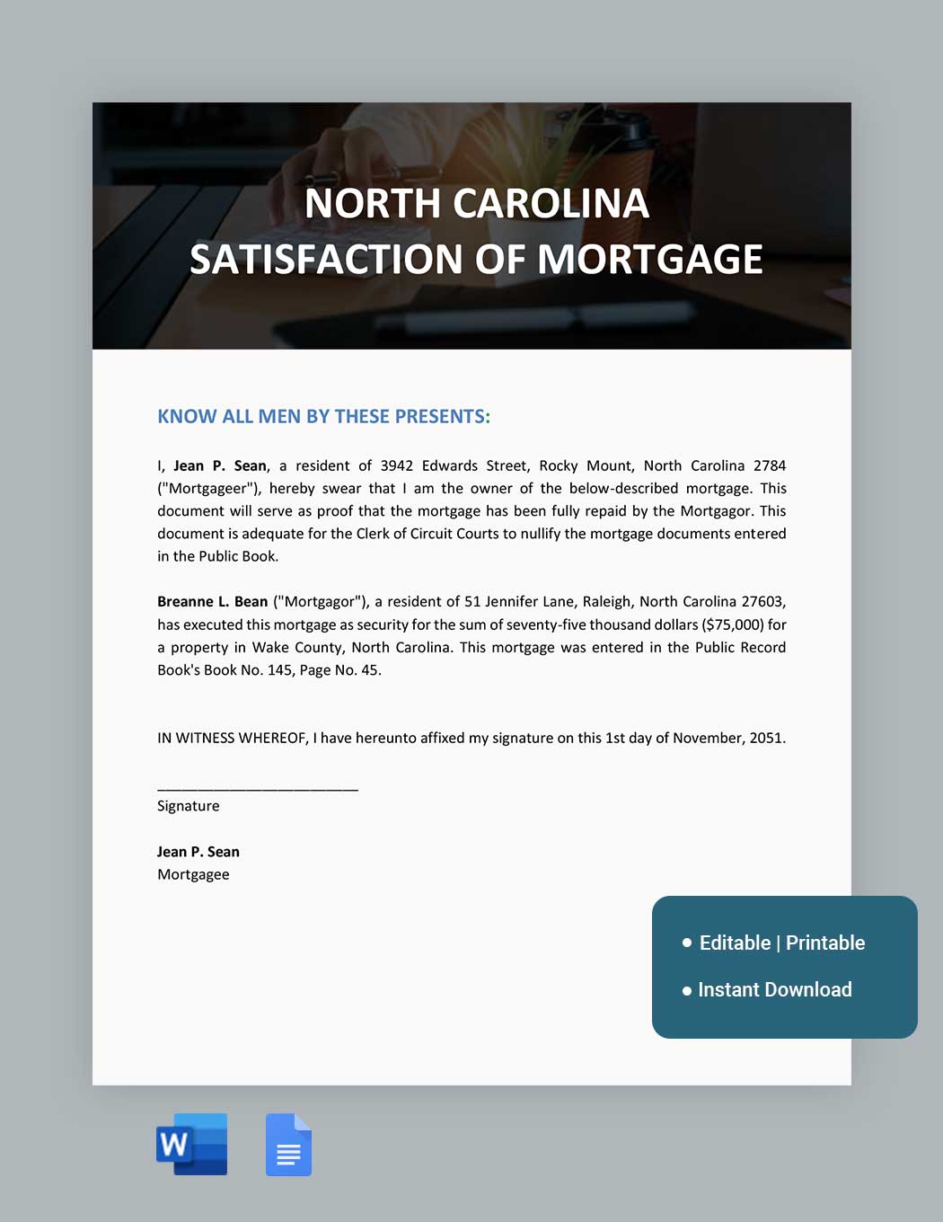 North Carolina Satisfaction Of Mortgage Template
