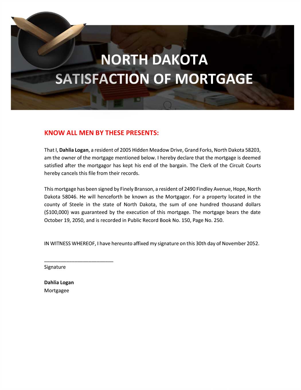 North Dakota Satisfaction Of Mortgage Template