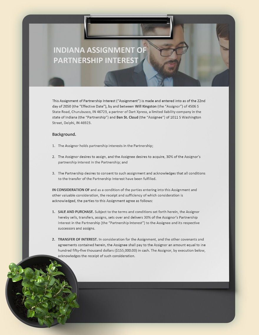 Indiana Assignment Of Partnership Interest Template