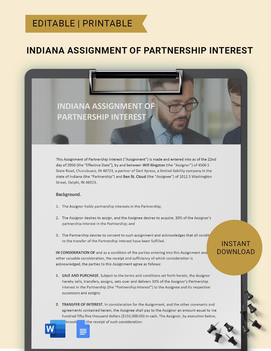 Indiana Assignment Of Partnership Interest Template