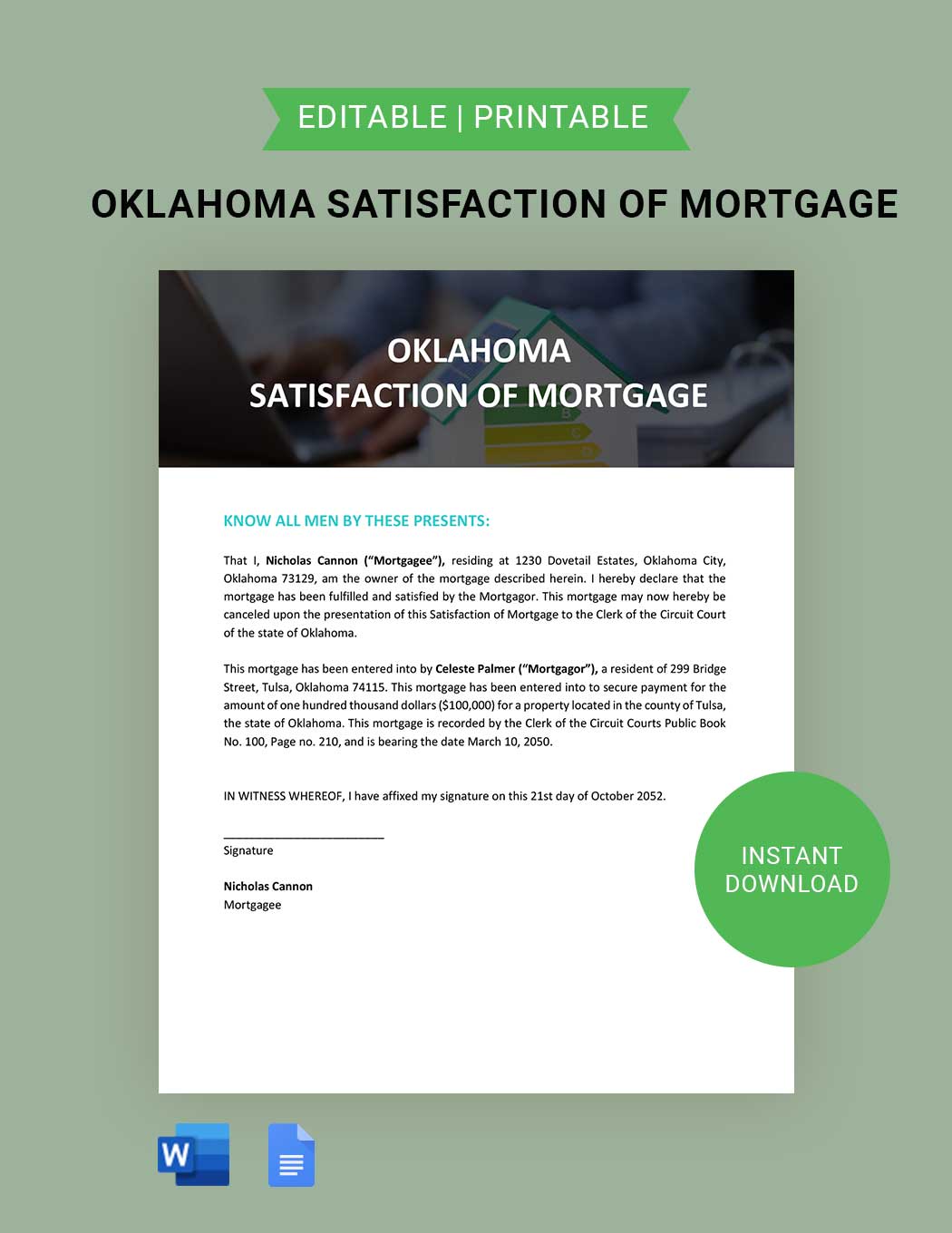 Oklahoma Satisfaction of Mortgage Template