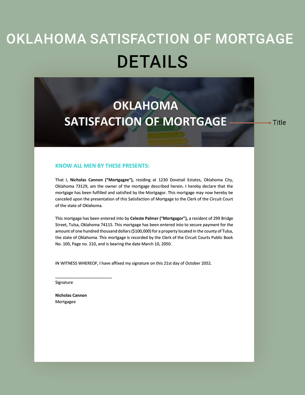Oklahoma Satisfaction of Mortgage Template