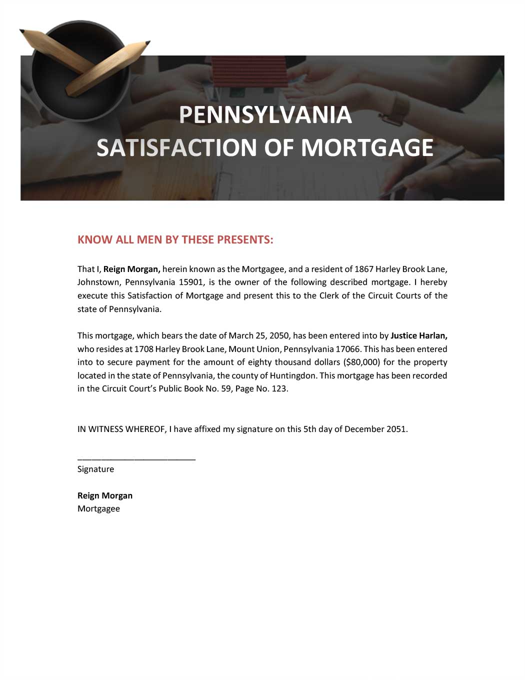 Pennsylvania Satisfaction of Mortgage Template
