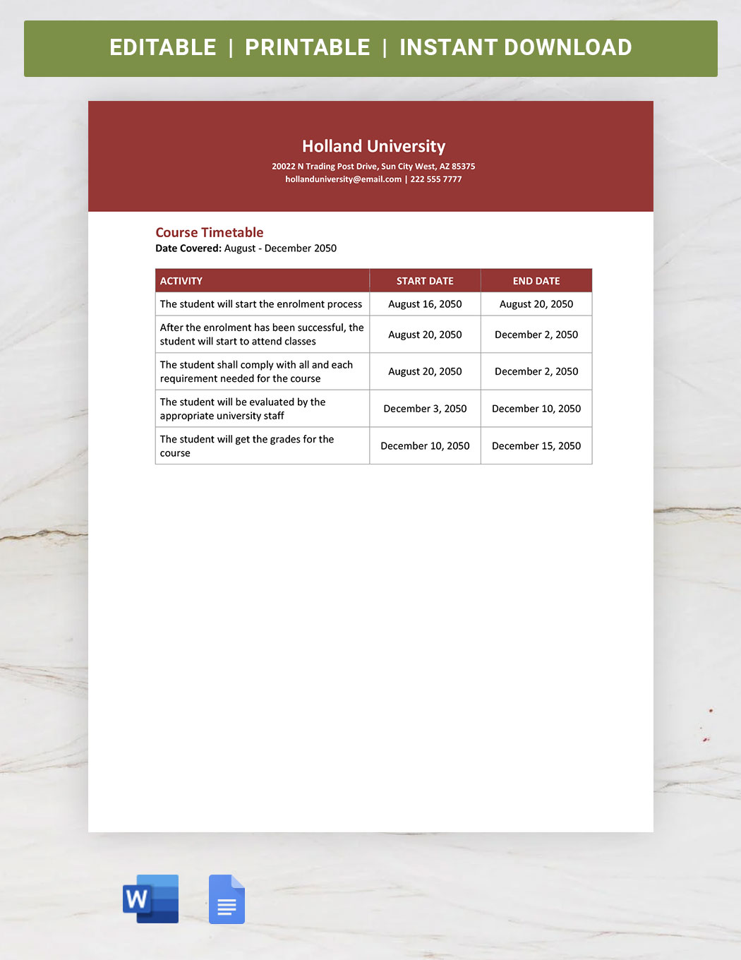 Timetable Google Docs Template