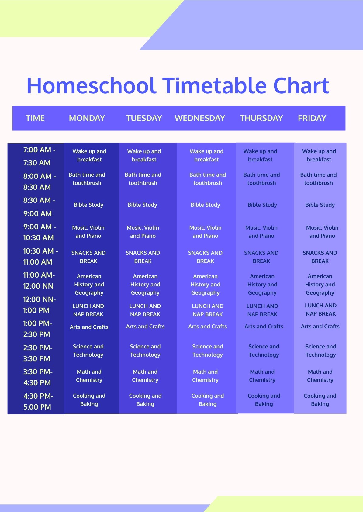 Home School Timetable Chart Template