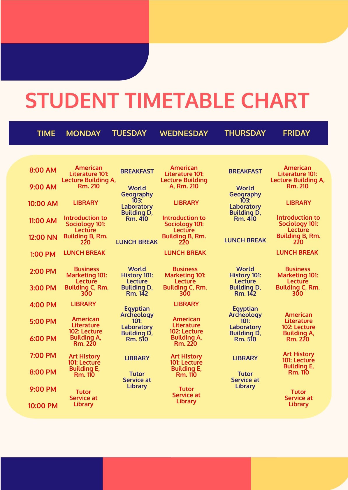 Student Timetable Chart Template