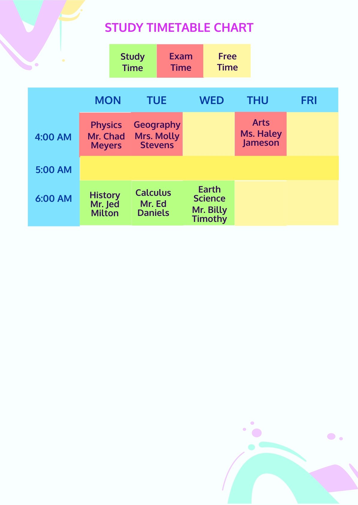 Study Timetable Chart Template