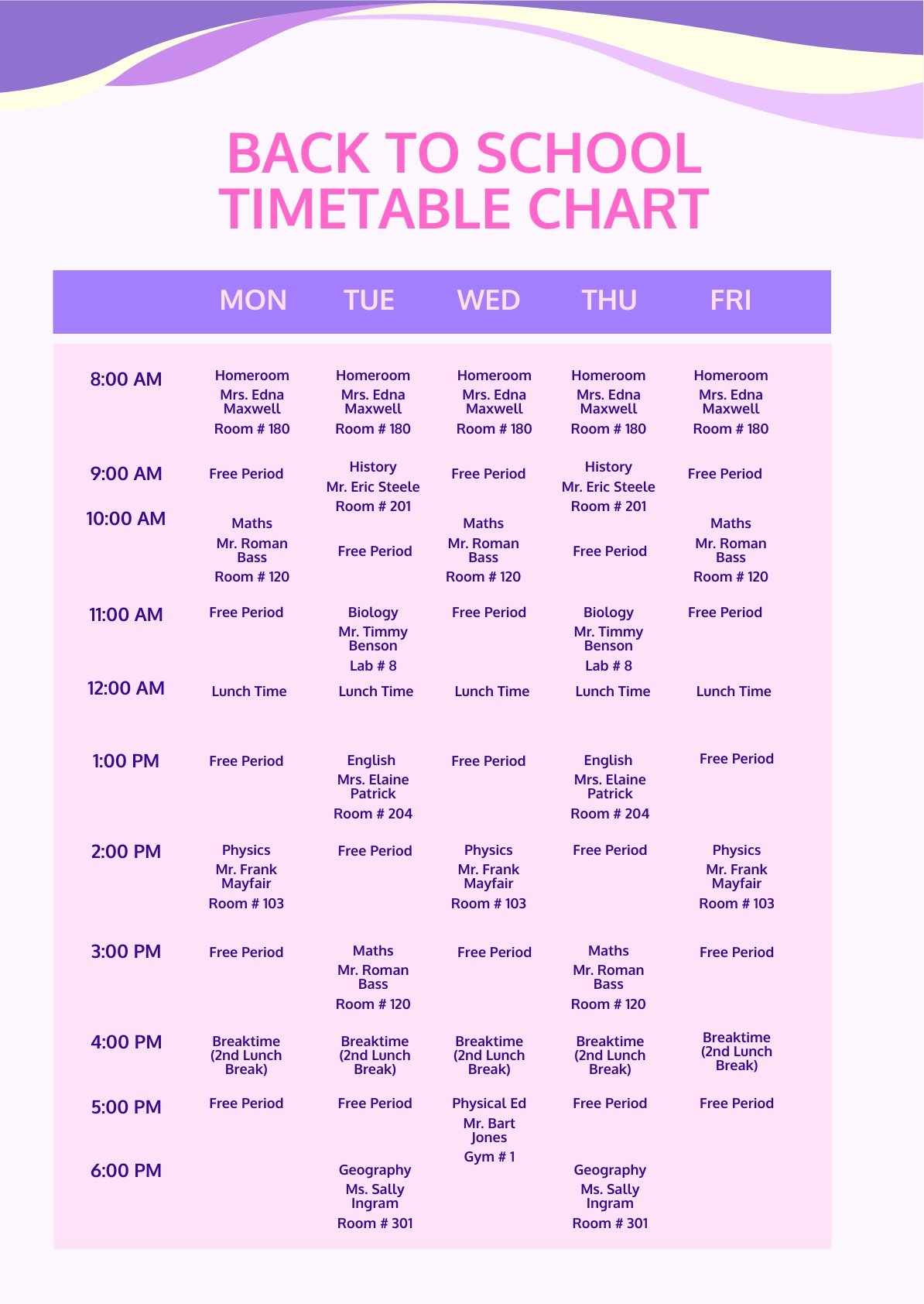 Back To School Timetable Chart Template