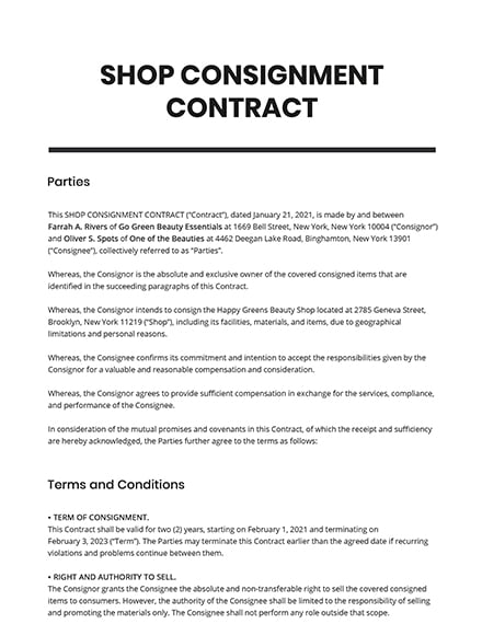 Shop Consignment Contract Template - Google Docs, Word, Apple Pages