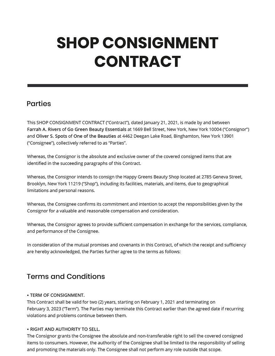 Shop Consignment Contract Template