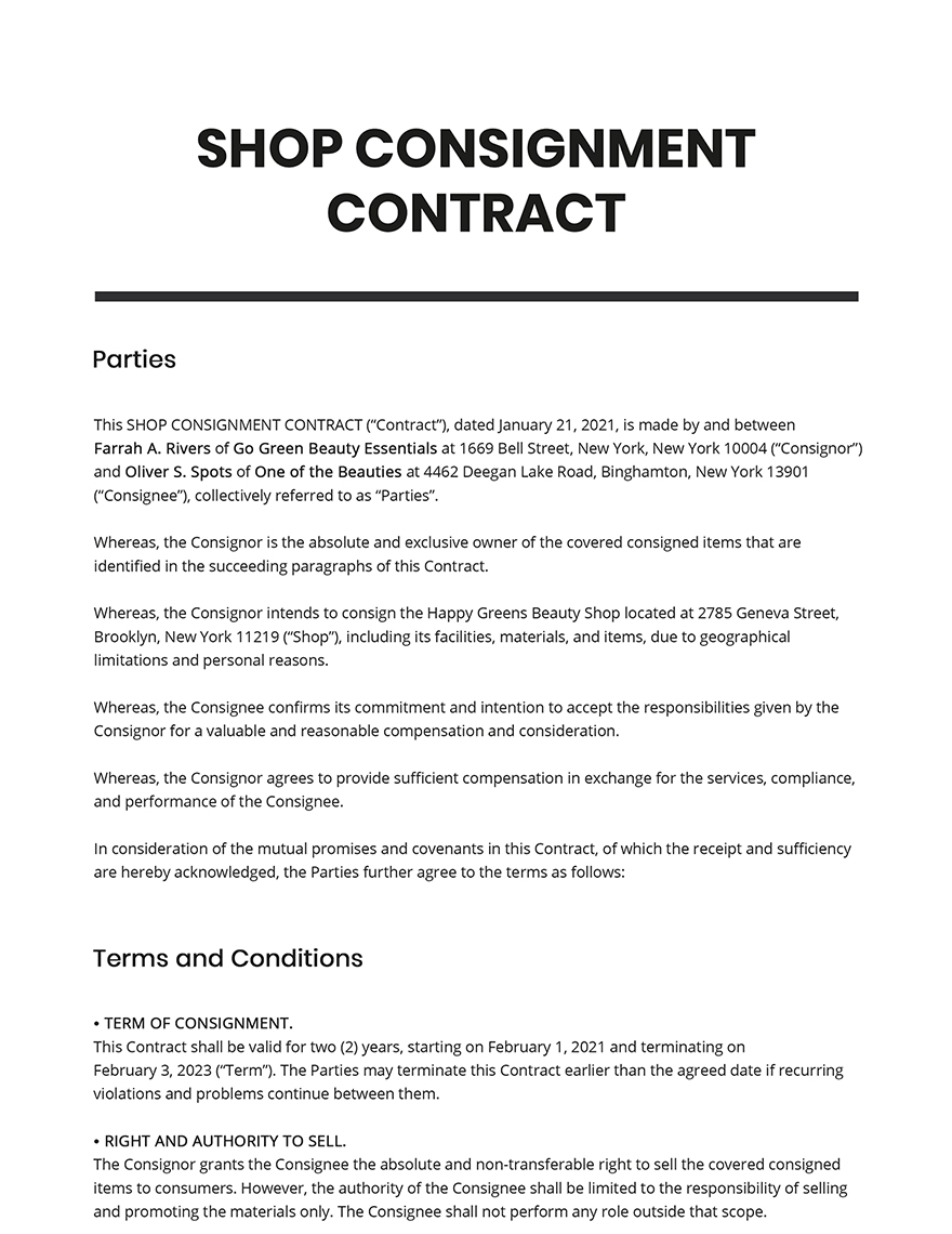 Shop Consignment Contract Template Google Docs Word Apple Pages