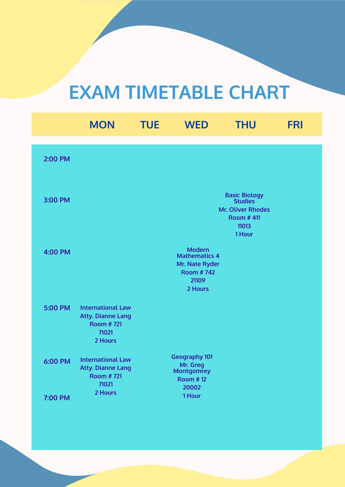 Exam Timetable Chart Template