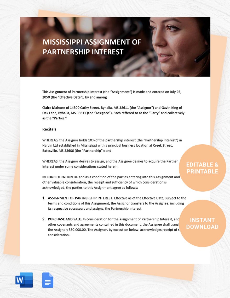 Mississippi Assignment Of Partnership Interest Template in Word, Google Docs, Apple Pages