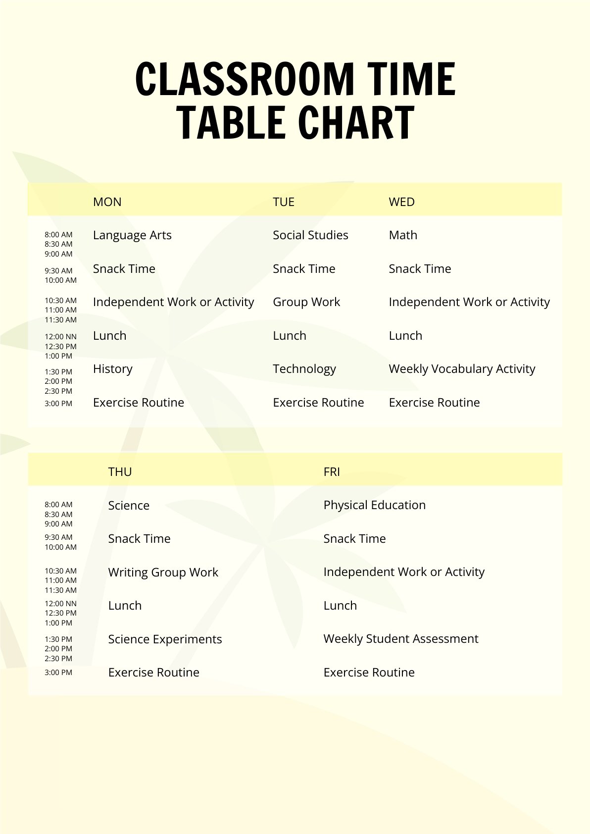 Classroom Time Table Chart Template