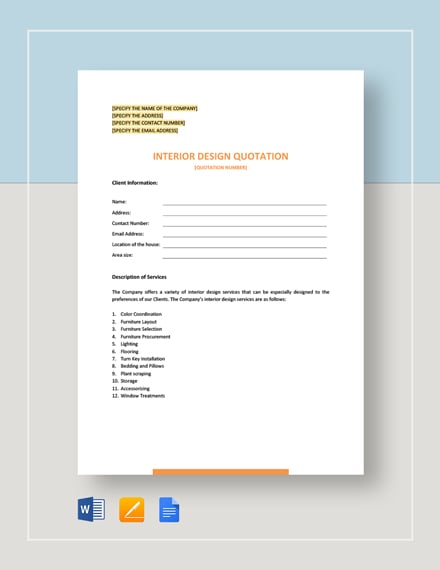 Interior Design Quotation Template - Google Docs, Word, Apple Pages