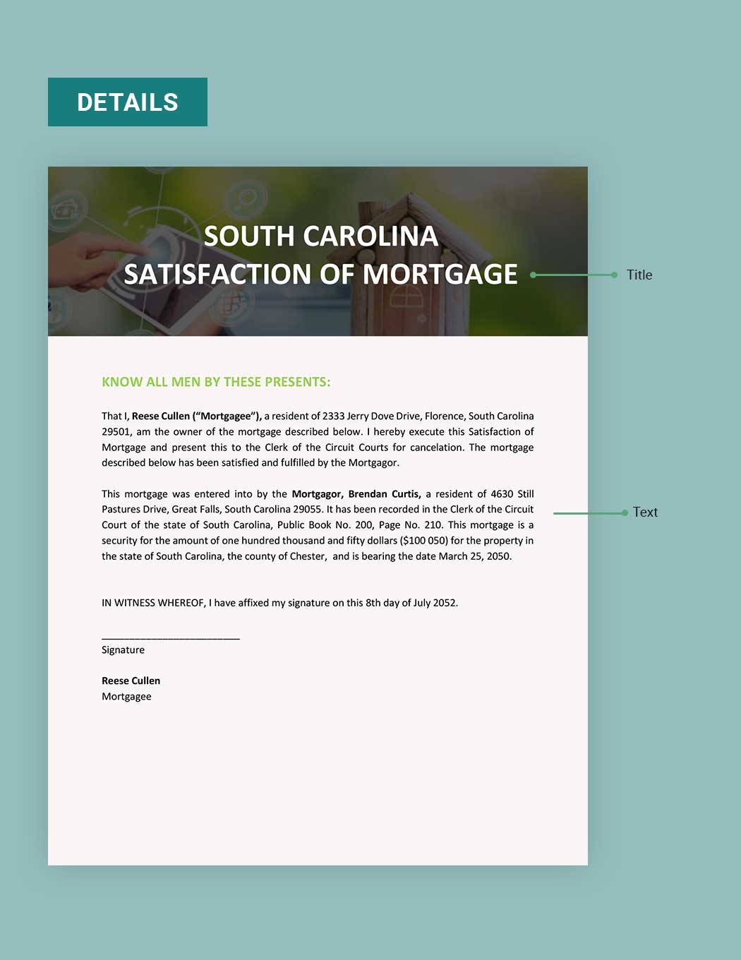 South Carolina Satisfaction of Mortgage Template