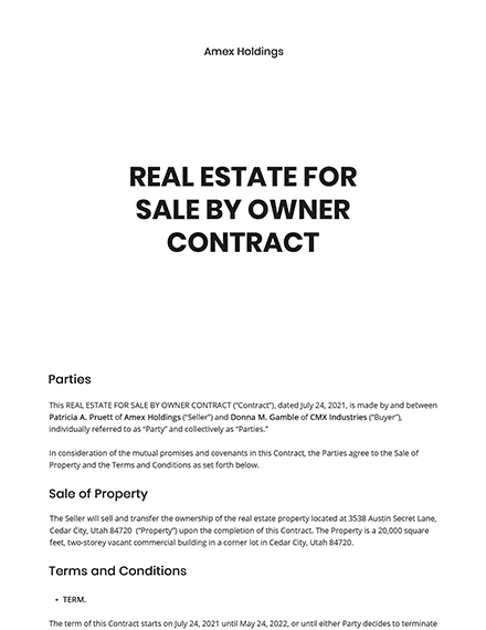 Real Estate For Sale By Owner Contract Template