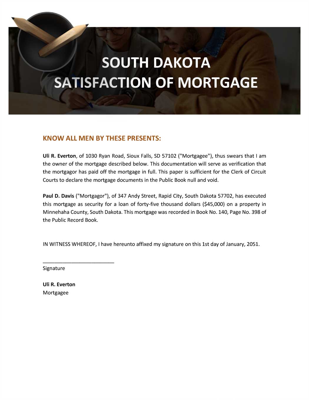 South Dakota Satisfaction Of Mortgage Template