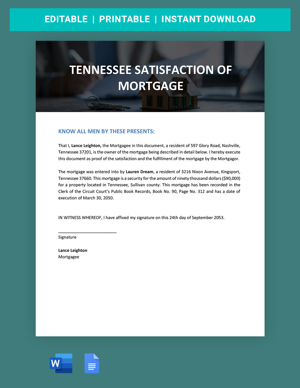 Tennessee Satisfaction of Mortgage Template