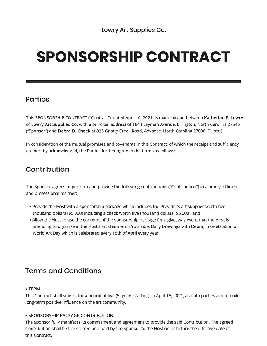 Sponsorship Contract Template Google Docs Word Template net