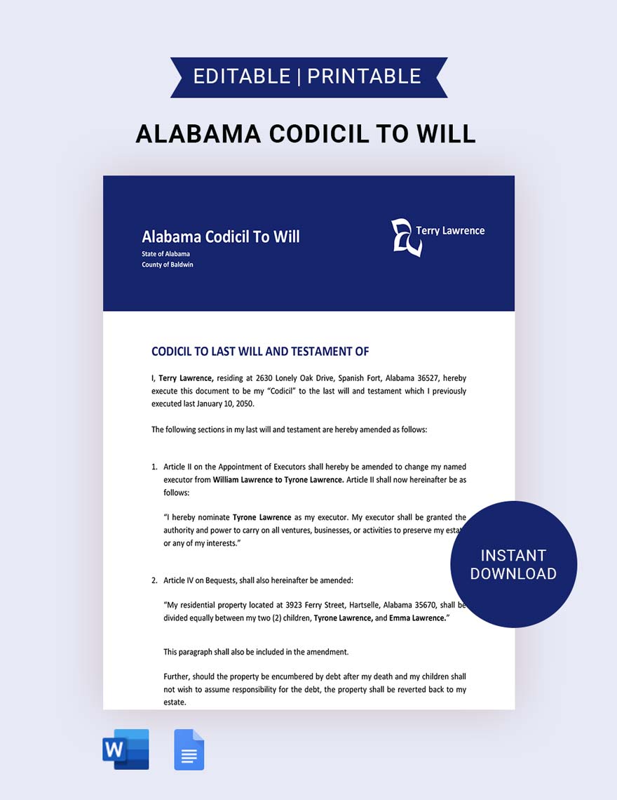 Alabama Codicil To Will Template