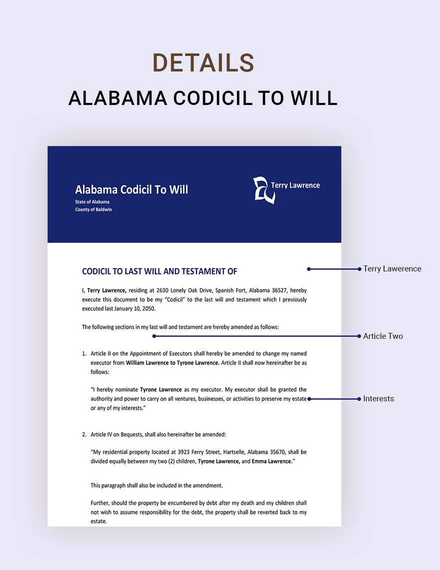 Alabama Codicil To Will Template