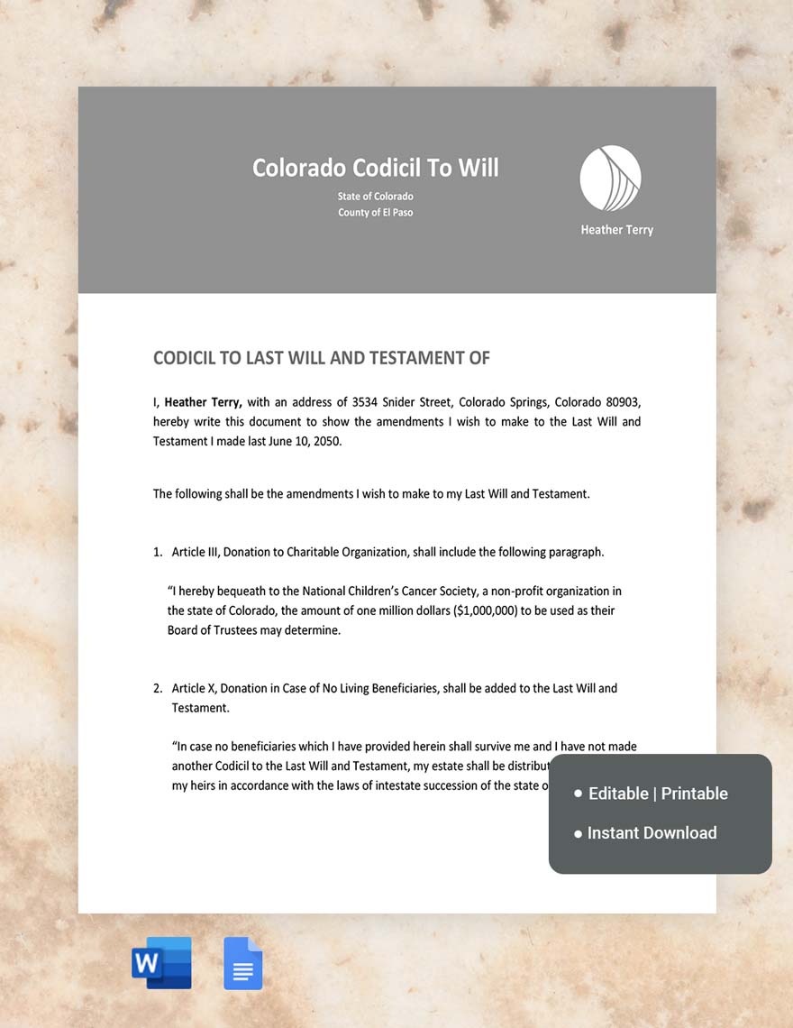 Colorado Codicil To Will Template