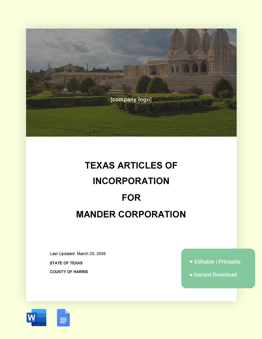 Texas Articles Of Incorporation Template in Word, Google Docs