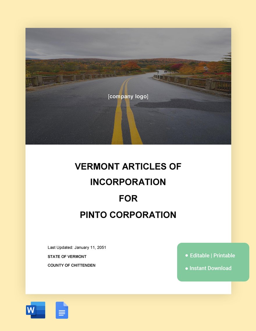 Vermont Articles Of Incorporation Template in Word, Google Docs