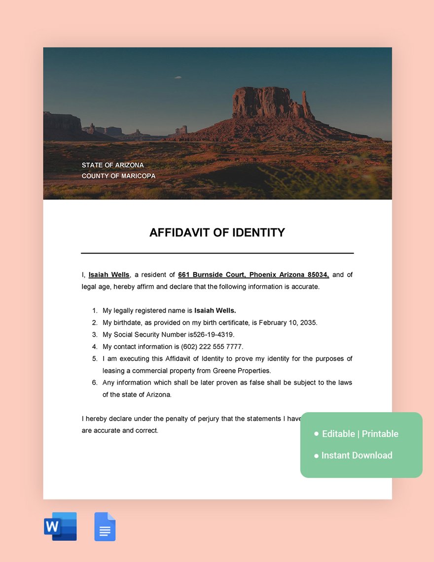Arizona Affidavit Of Identity Template in Word, Google Docs