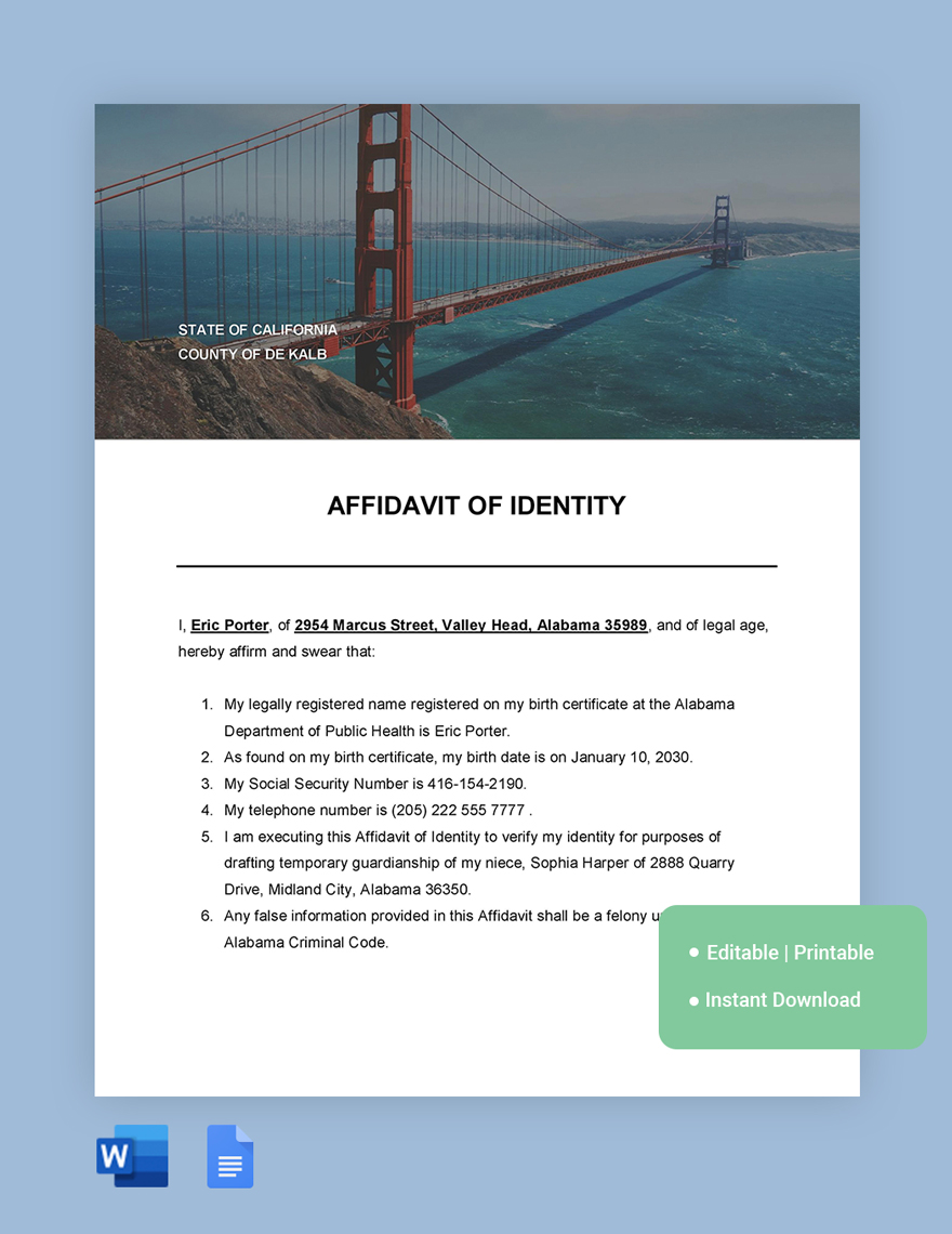         California Affidavit Of Identity Template
