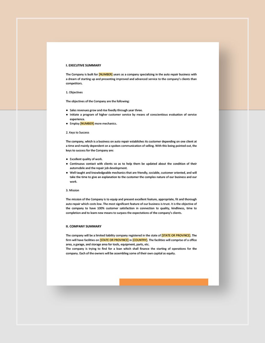 Auto Repair Service Business Plan Template Google Docs Word 