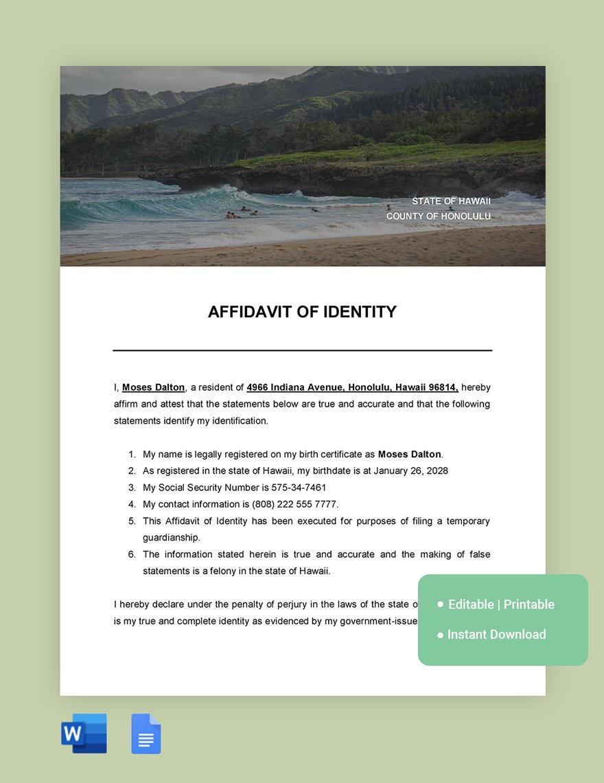 Hawaii Affidavit Of Identity Template in Word, Google Docs
