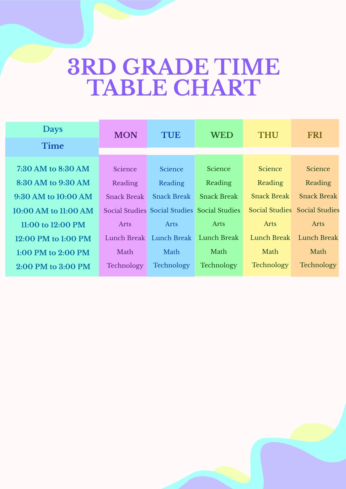 3rd Grade Time Table Chart Template