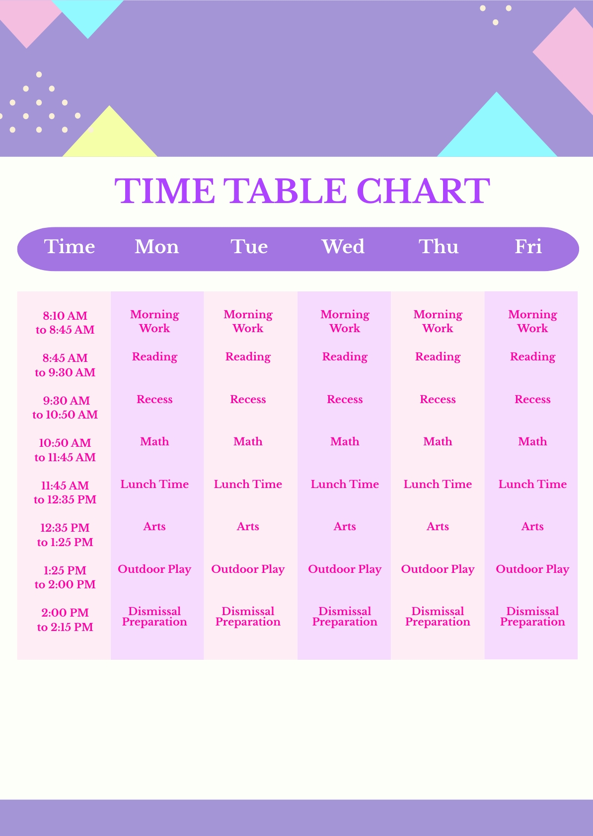 Kindergarten Time Table Chart in PSD