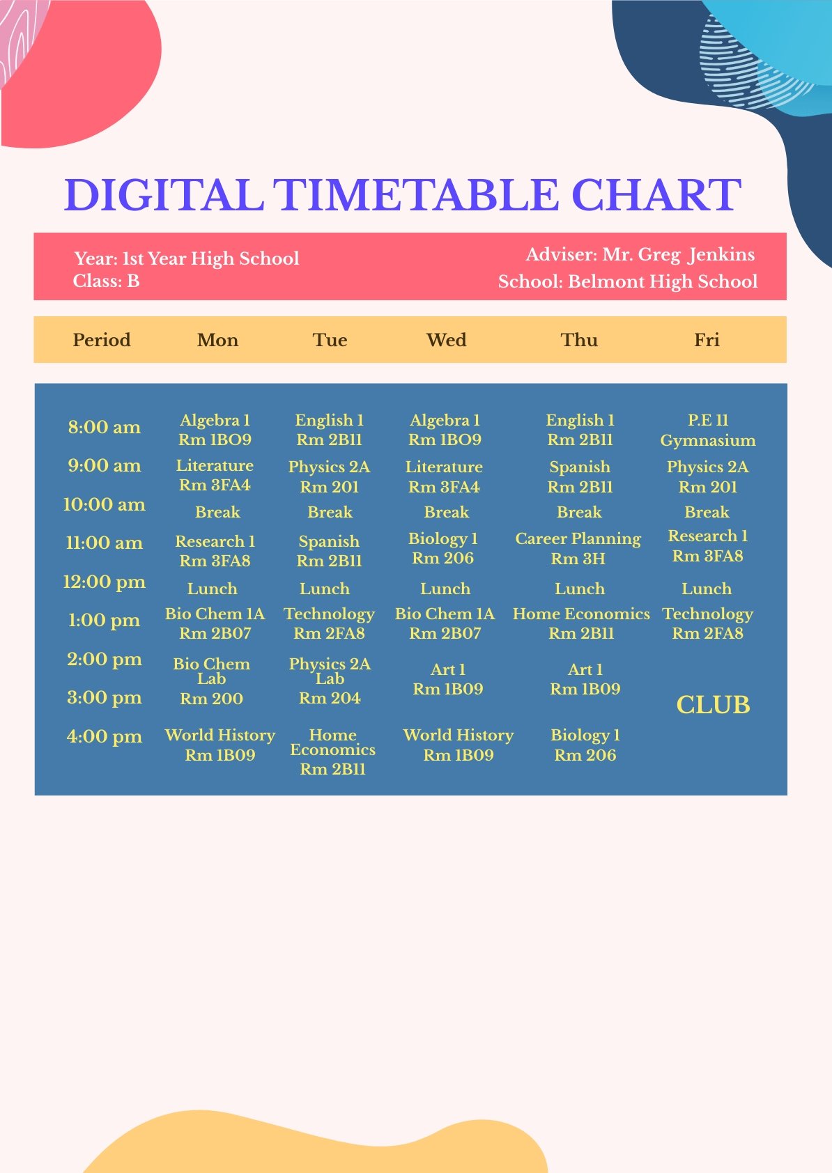 Digital Timetable Chart Template