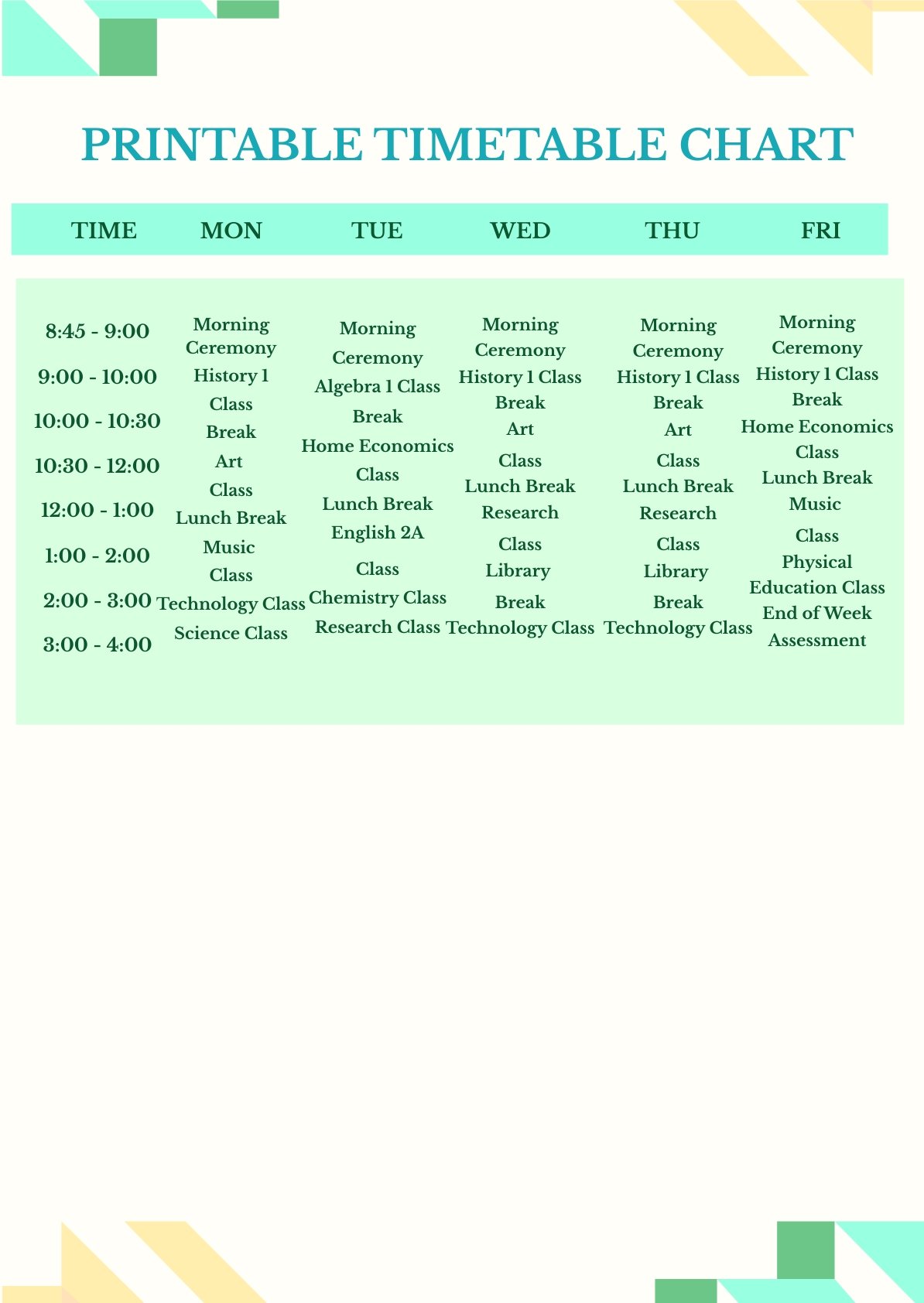 Printable Timetable Chart Template