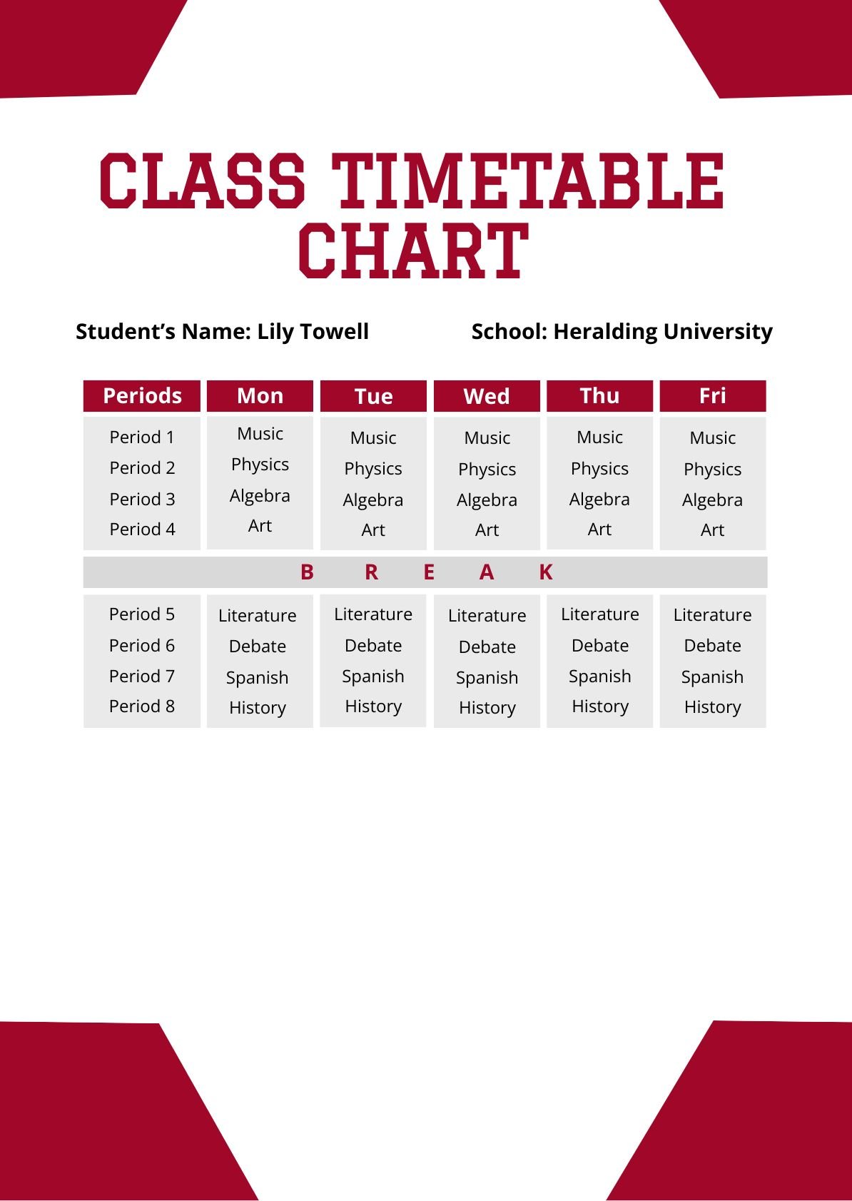 Class Timetable Chart in PDF