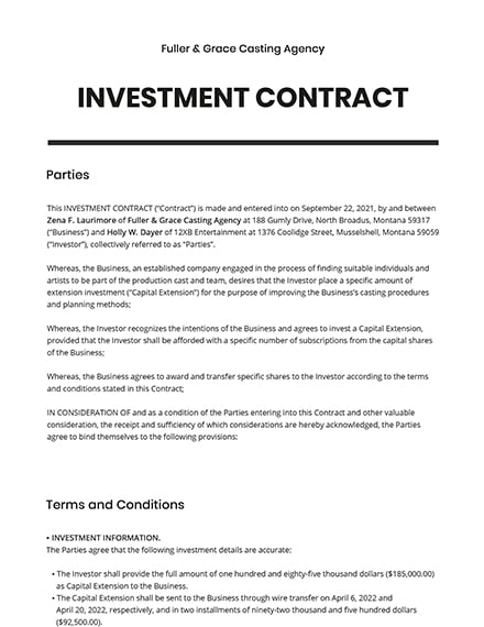 Investor Contract Template Free Printable Templates