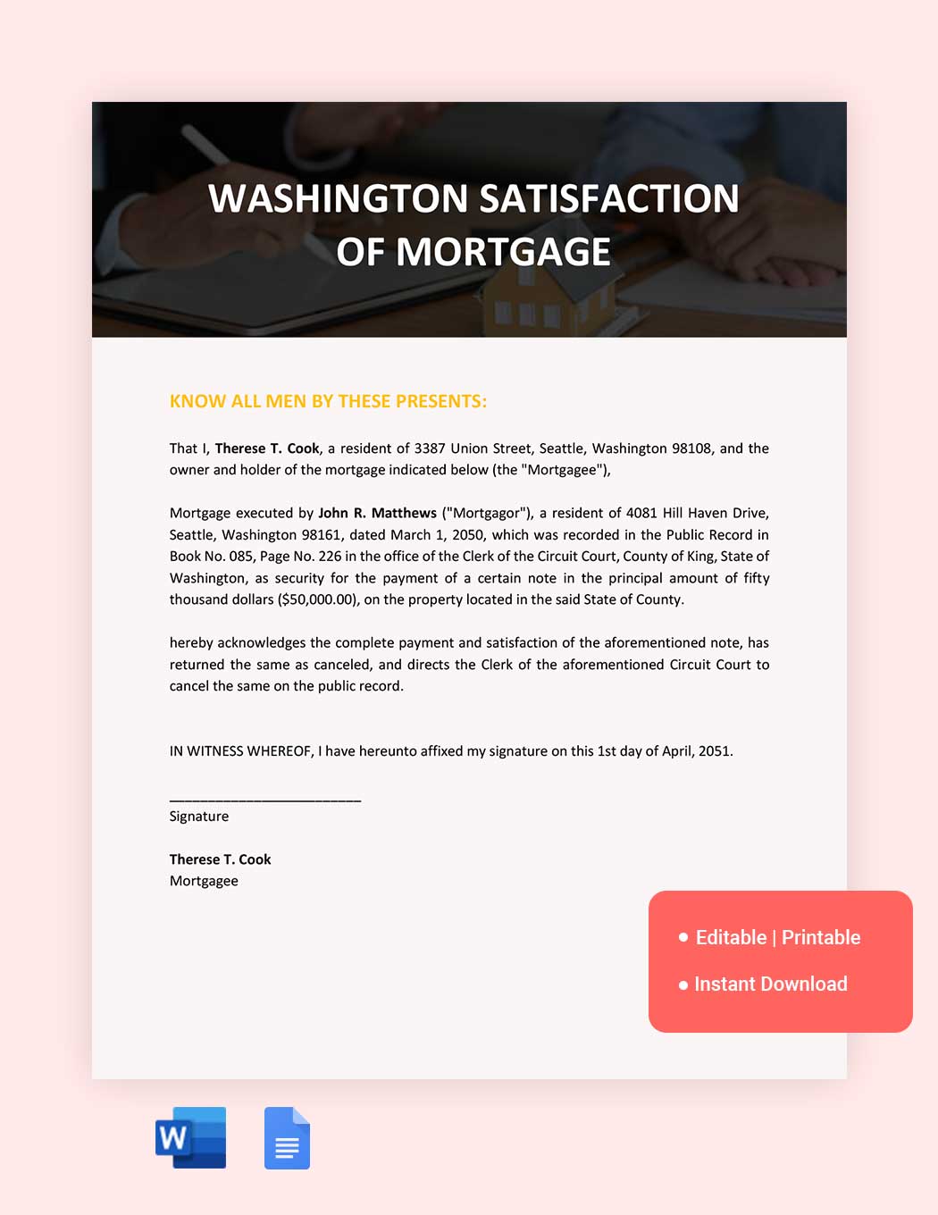 Washington Satisfaction Of Mortgage Template