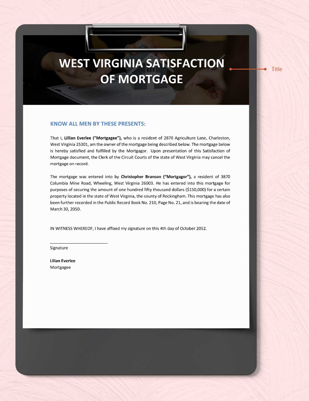 West Virginia Satisfaction of Mortgage Template