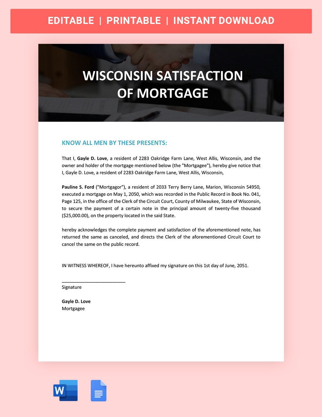 Wisconsin Satisfaction Of Mortgage Template