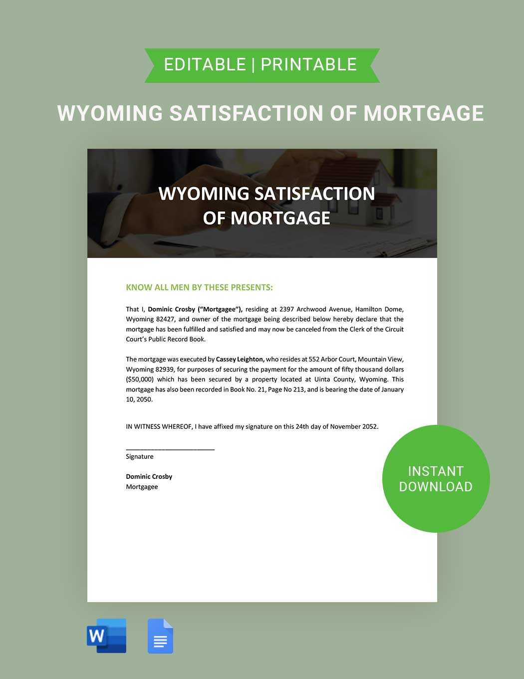 Wyoming Satisfaction of Mortgage Template