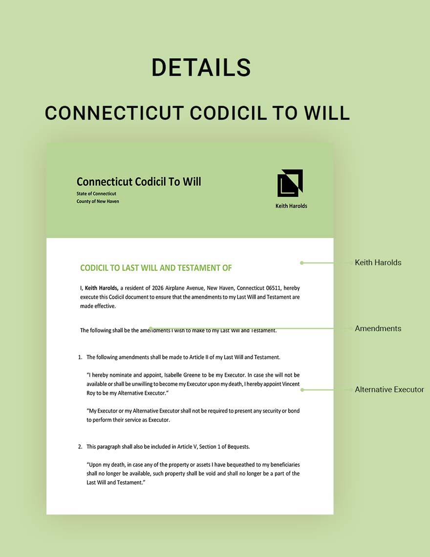 Connecticut Codicil To Will Template