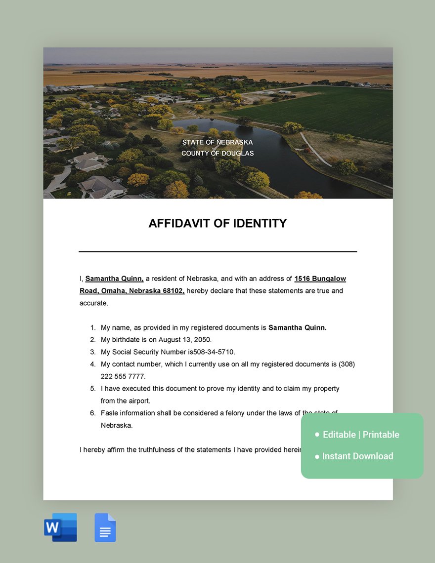 Nebraska Affidavit Of Identity Template in Word, Google Docs
