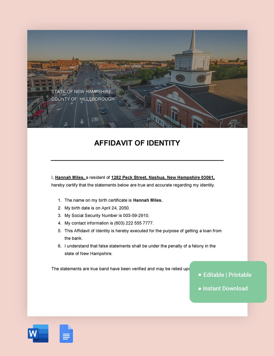 New Hampshire Affidavit Of Identity Template in Word, Google Docs